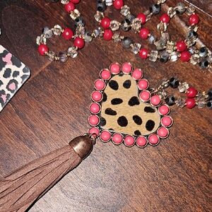 Leopard Heart Pendant Necklace with Red Beads